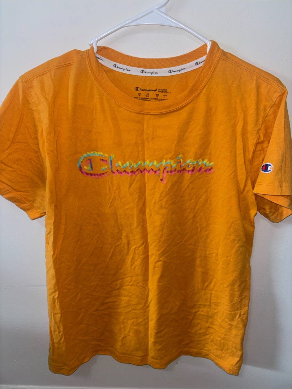 Champion Orange Short Sleeve Tee with Multicolor Script